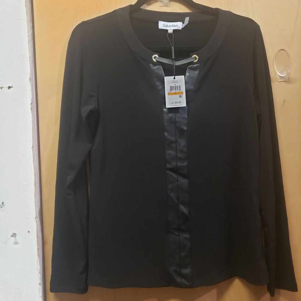 NWT Calvin Klein long-sleeve black blouse W faux leather trim round crewneck Sml